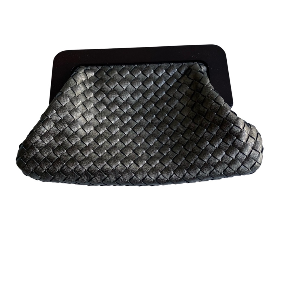Interacchio Woven Clutch Bag Wooden Handle Pouchette Brown Vegan Leather Pockets